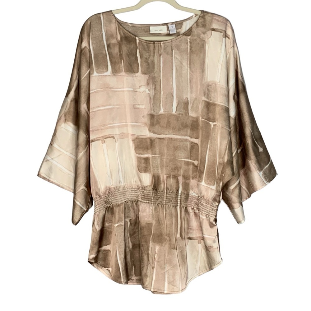 Chico’s satin abstract tunic‎ blouse with stretchy smocked waist. Size (2)L(12)